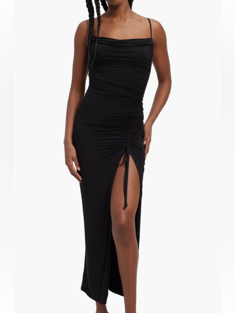 Good American Black Ruched weightless cowl neck high split Maxi Dress